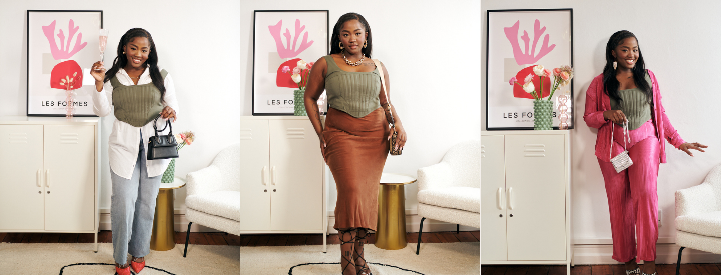 how to style a corset top, corset top styled three ways, fashion, style, trend, trending, the suite, the suite edit, brutal fruit