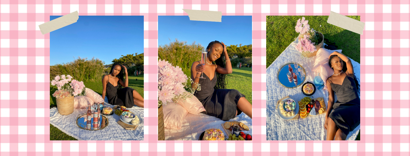 woman having a picnic with a pink gingham background, picnic, summer picnic, summer, instagram content, the suite, the suite edit, brutal fruit
