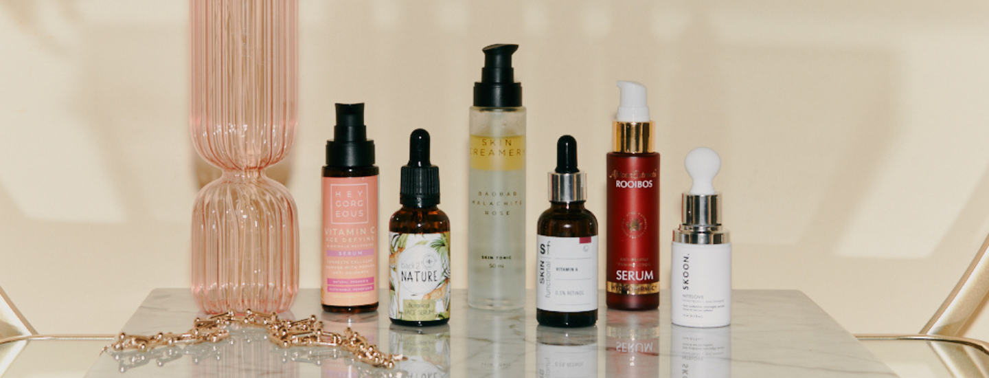 row of skincare bottles, line-up of serums, skincare, south african skincare, antioxidants, antioxidant skincare, the suite, the suite edit, brutal fruit
