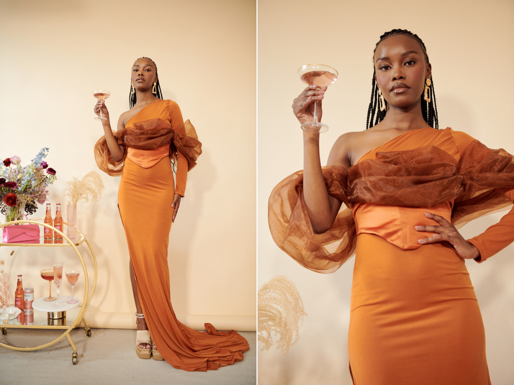 woman in a rust orange dress, formal wear, formal dress, black-owned fashion brands, black-owned brands, fashion, style, brutal fruit, the suite, the suite edit