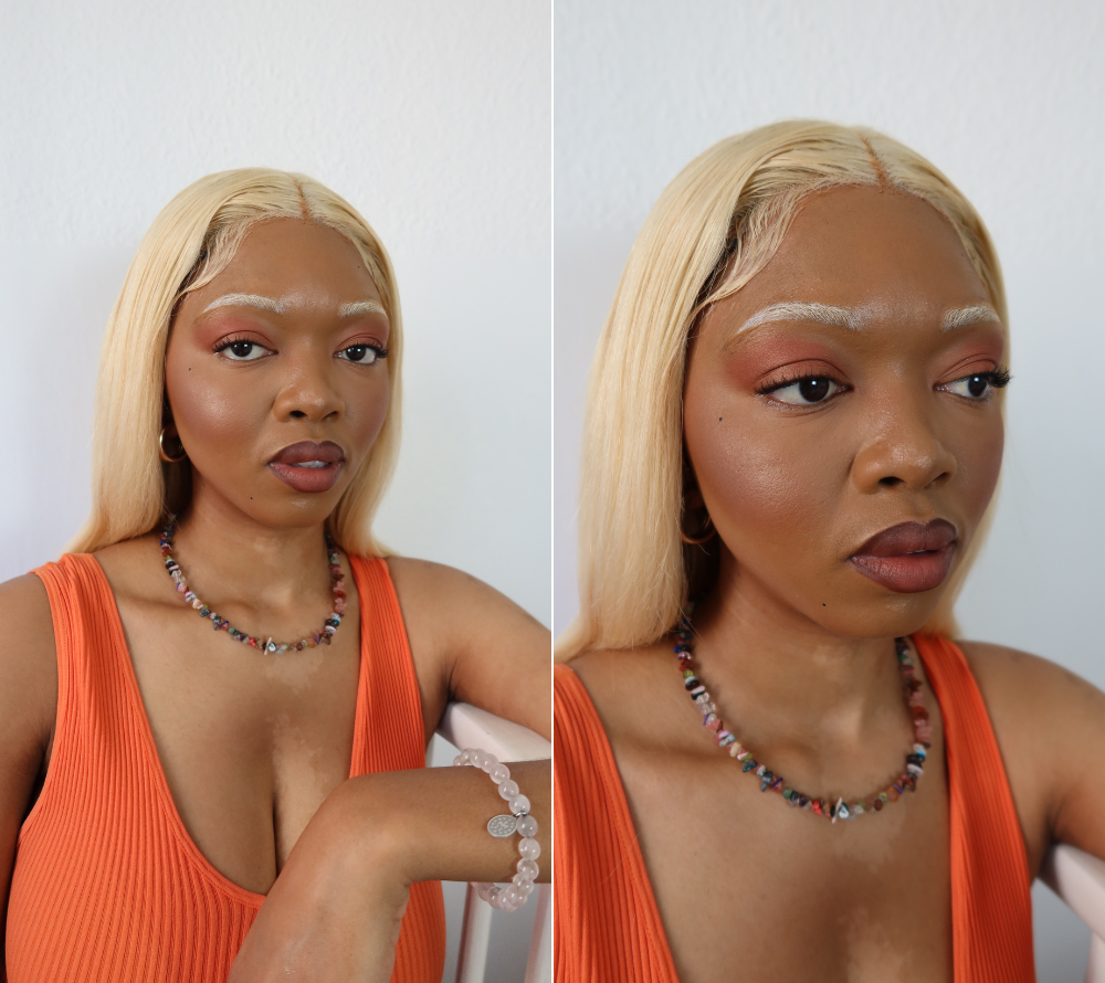 woman with blonde hair and bleached eyebrows with bold blush beauty look, beauty trend, makeup, the suite, the suite edit, brutal fruit