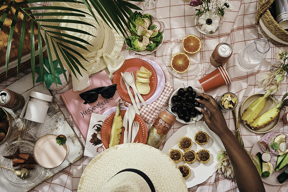 picnic spread, pink picnic, drinks and snacks, slushie, spritzer, recipes, recipe, brutal fruit, the suite, the suite edit
