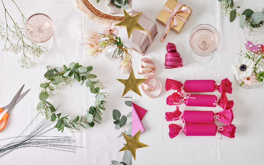 pink festive layout with christmas crackers and crockery, friendsmas, friendsmas entertaining, entertaining tips, festive season, table layout, the suite, the suite edit, brutal fruit