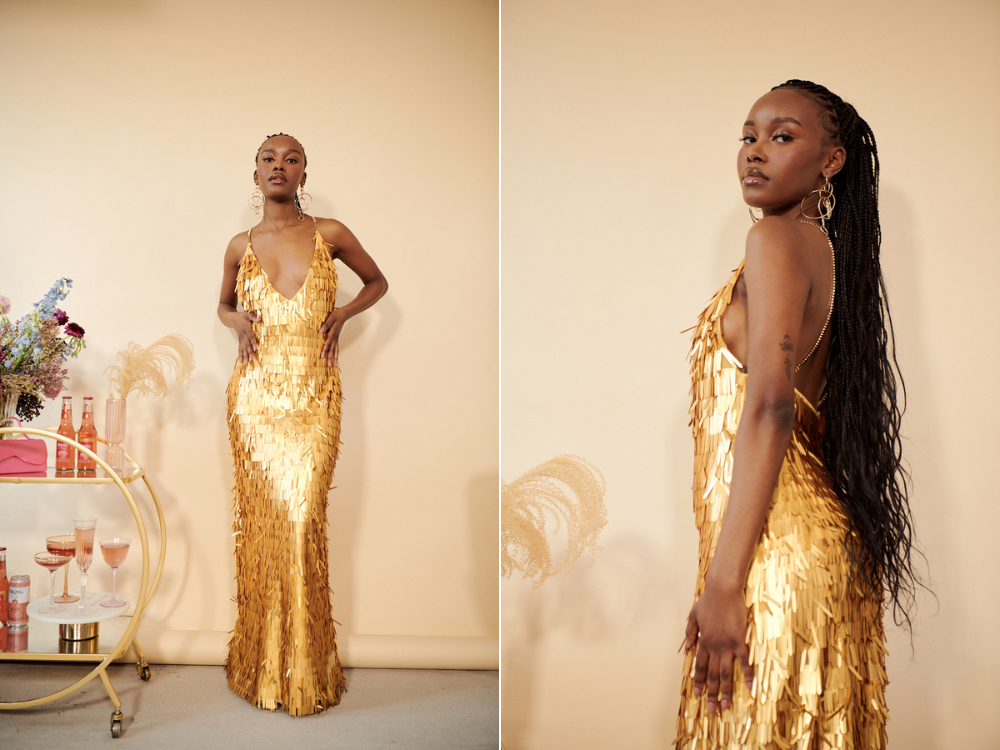 woman wearing a gold backless sequin dress, black-owned brands, black-owned fashion brands, fashion, style, the suite, the suite edit, brutal fruit