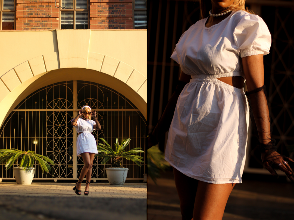 woman wearing a white summer dress with puff sleeves and cut-outs, cut-out fashion, trend, katlego tefu, hot girl summer, fashion, brutal fruit, the suite, the suite edit