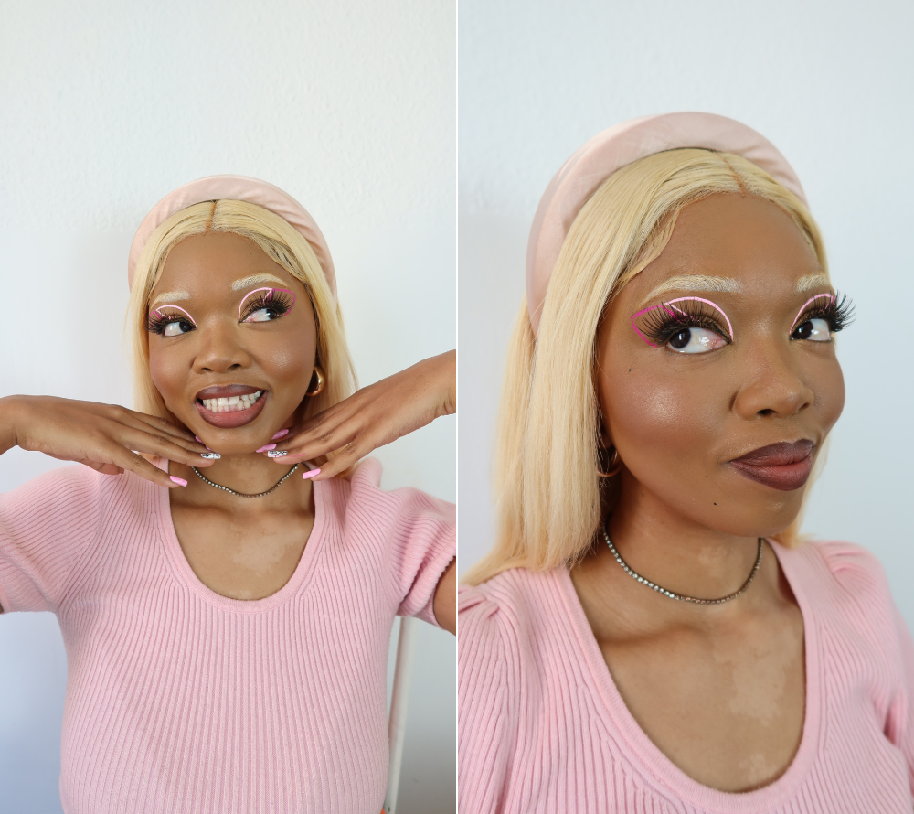 woman with pink top and pink headband with pink split liner beauty look, makeup, beauty trend, the suite, the suite edit, brutal fruit