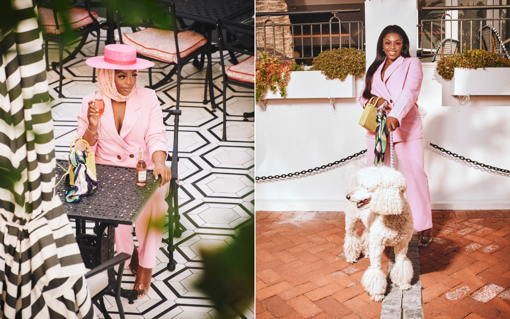 woman wearing a pink suit in with a poodle dog, woman wearing a satin scarf in a courtyard, kay yarms, the suite, the suite edit, brutal fruit