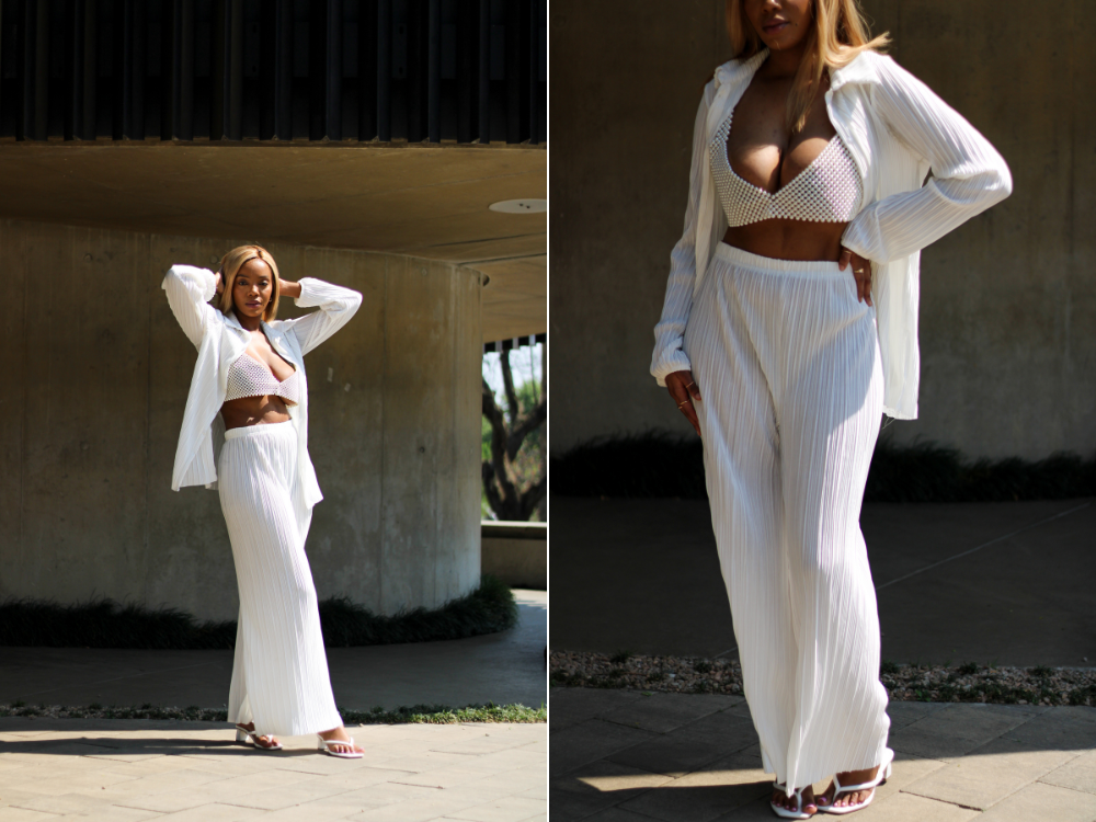plisse, pleats, summer style, hot girl summer, woman in a white plisse, two-piece outfit, katlego tefu, brutal fruit, the suite, the suite edit