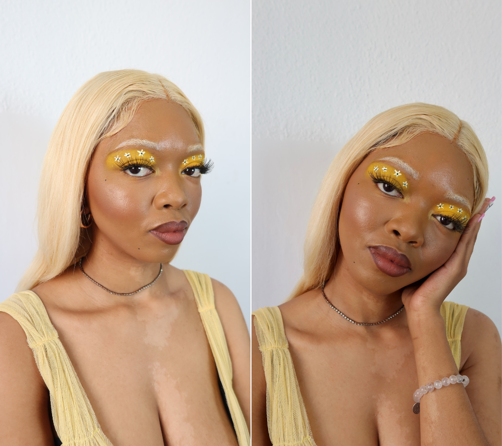 woman with blonde hair and bleached eyebrows with yellow flower eyeshadow beauty look, makeup, the suite, the suite edit, brutal fruit