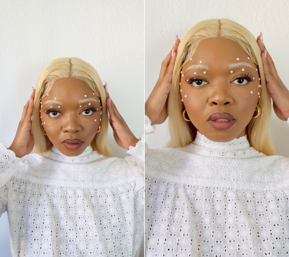 woman with blonde hair with a pearl beauty look, makeup, beauty, beauty tutorial, the suite, the suite edit, brutal fruit
