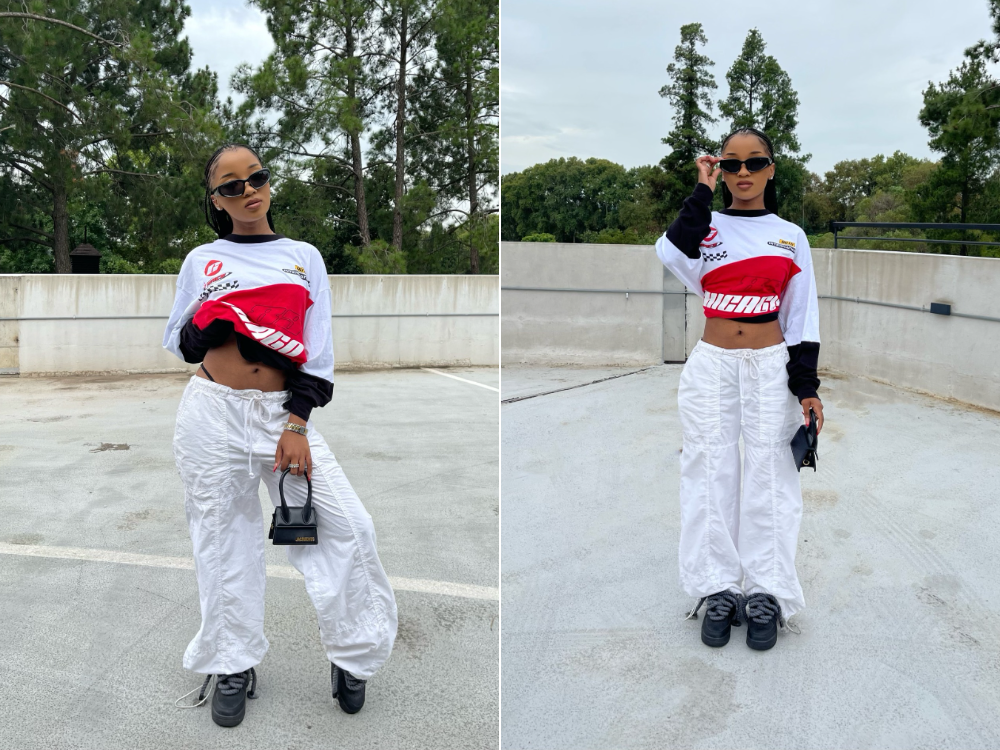 woman wearing an urban edgy streetwear look, parachute pants, fashion, the suite, brutal fruit