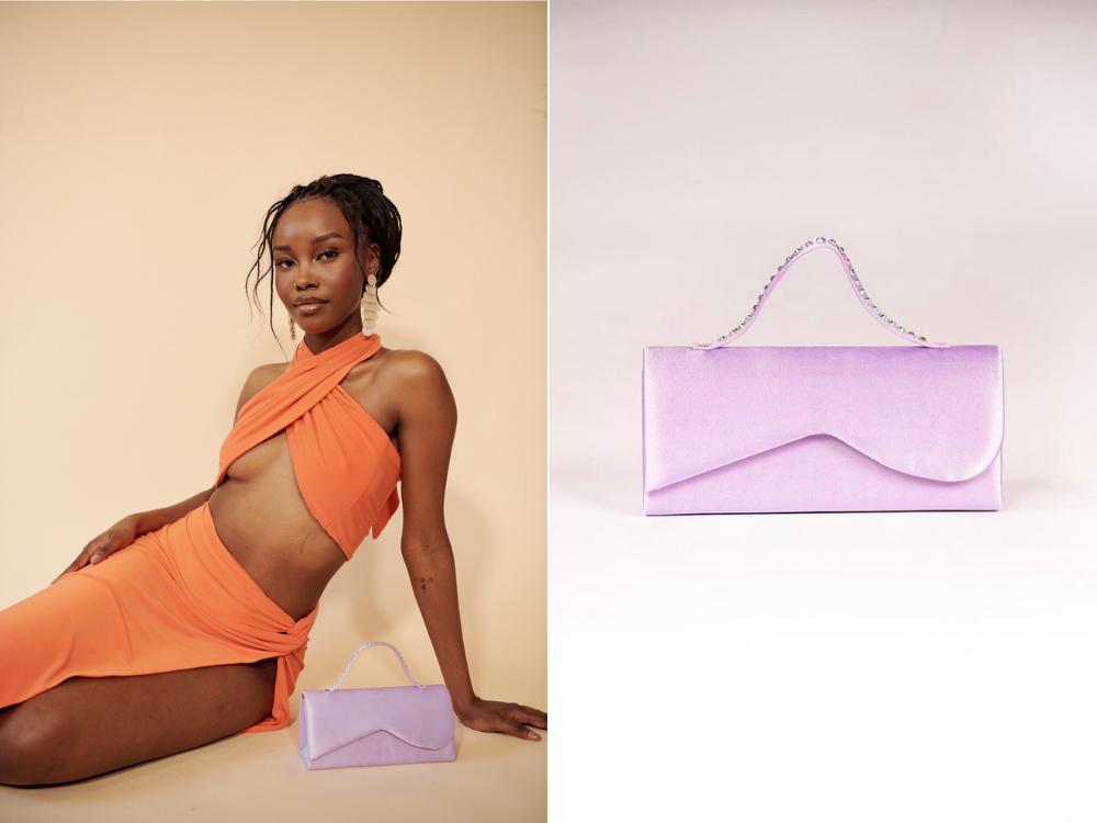 woman in orange dress next to a purple satin clutch purse, black-owned brands, black-owned fashion brands, the suite, the suite edit, brutal fruit