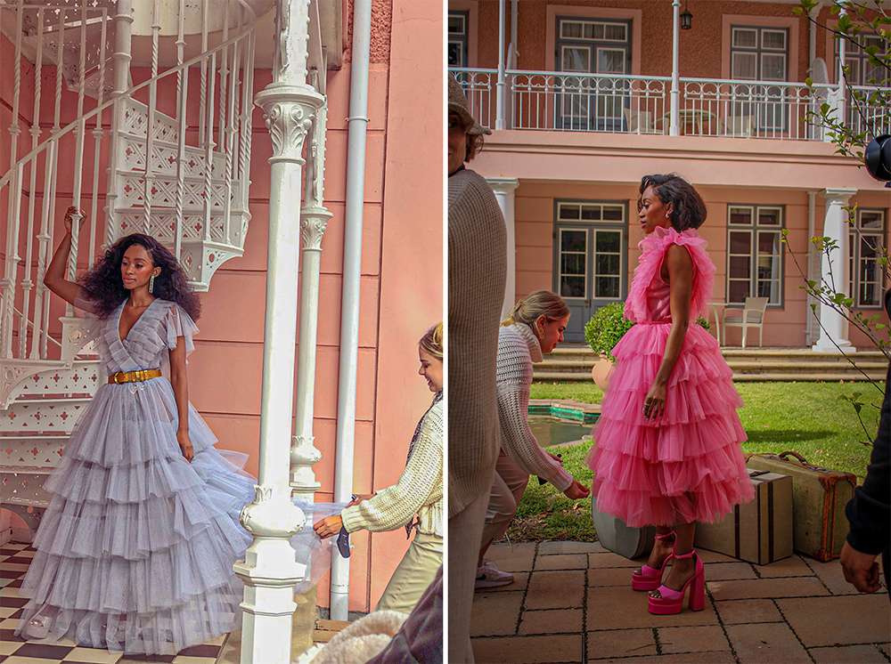 pink tulle dress, blue tulle dress, thabsie, the suite, the suite edit, brutal fruit, belmond mount nelson hotel, cape town, fashion shoot, behind the scenes