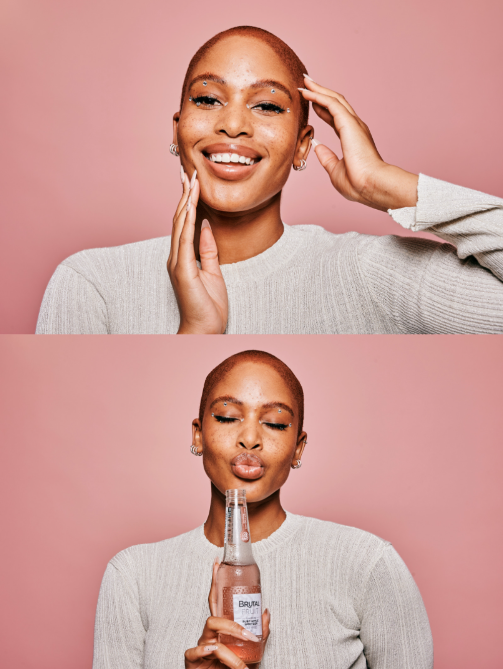 makeup, beauty, makeup trends, beauty trends, winter, winter makeup, winter trends, cosmetics, black woman with bald head and bejewelled eyes, diamantes, brutal fruit, brutal fruit spritzer, the suite, the suite edit