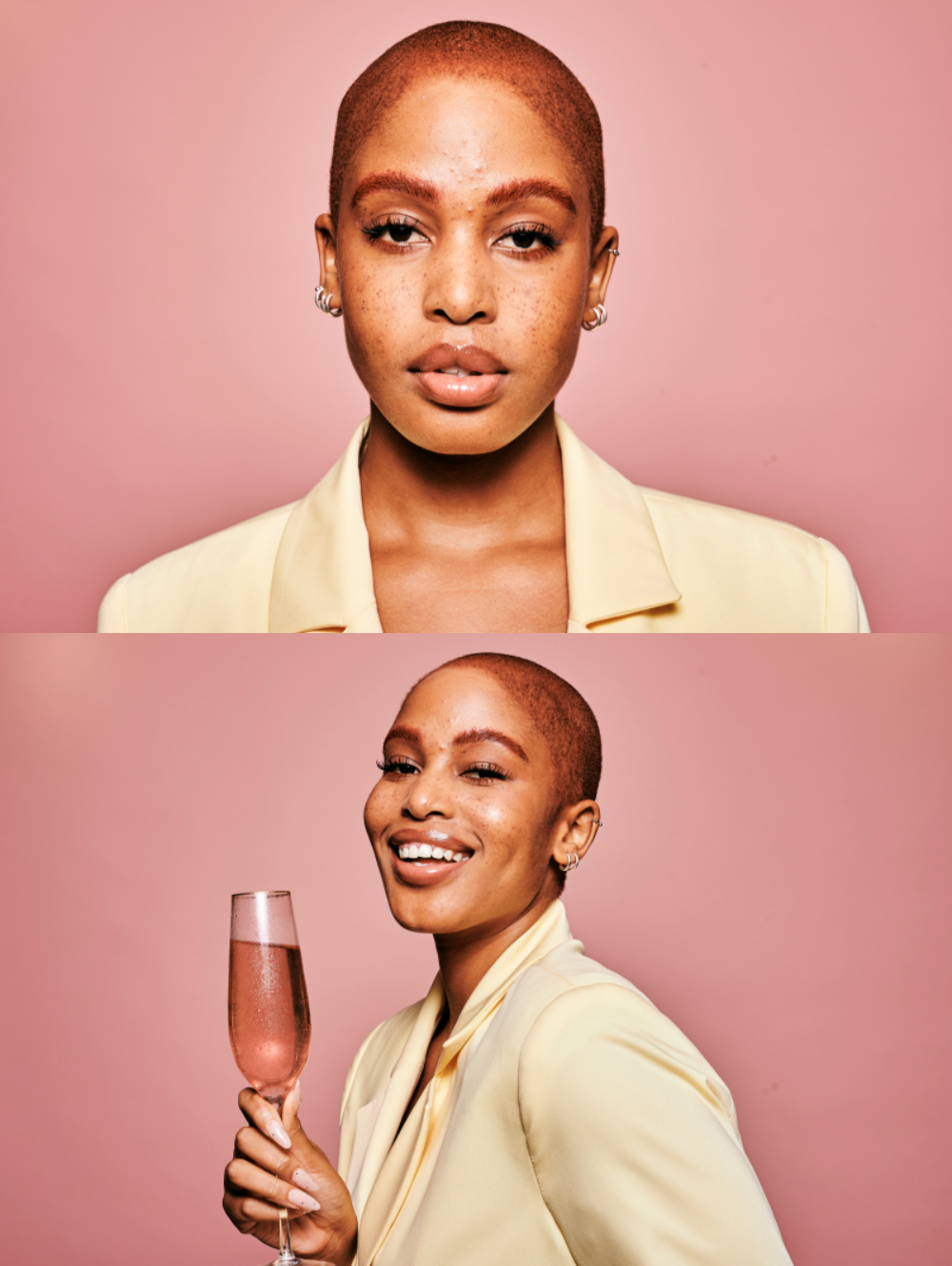 makeup, beauty, makeup trends, beauty trends, winter, winter makeup, winter trends, cosmetics, black woman with bald head and bejewelled eyes, diamantes, brutal fruit, brutal fruit spritzer, the suite, the suite edit