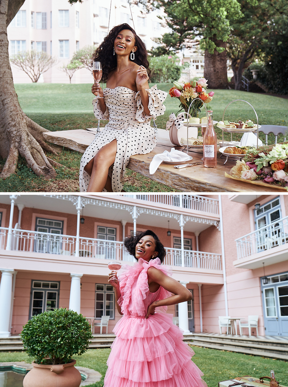 african woman in a polka dot dress, african woman in a pink tulle blouse, elegant dresses, fashion shoot, style, thabsie, brutal fruit, the suite, the suite edit